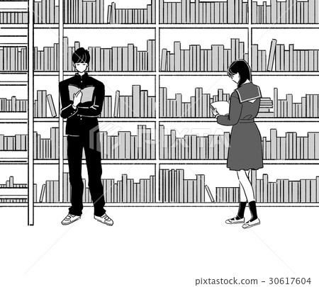 A large bookshelf and a student reading a book 30617604