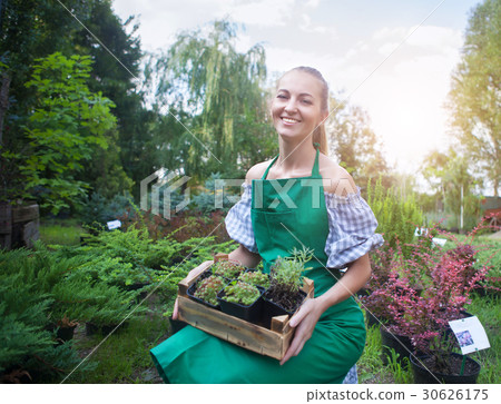Woman holding a box with plants in her hands Woman holding a box with plants in her hands 30626175