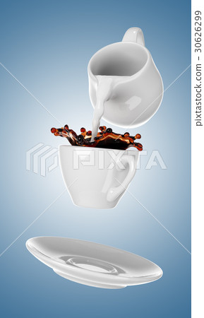 Milk being poured into small cup of coffee. 3d Milk being poured into small cup of coffee. 3d 30626299
