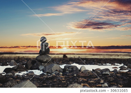 Balance stones, Zen stone stack, with blur sunset  30631085