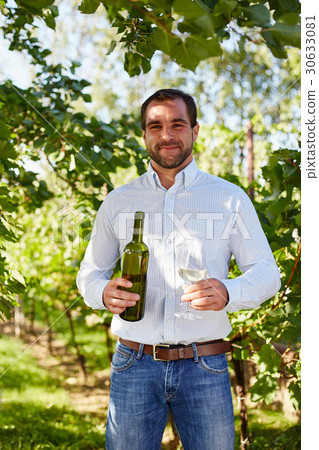 Man with a glass of white wine in the vineyard Man with a glass of white wine in the vineyard 30633081