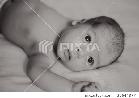 newborn baby looking at camera on bed 30644877
