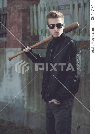 Hooligan with baseball bat and glasses Hooligan with baseball bat and glasses 30645274