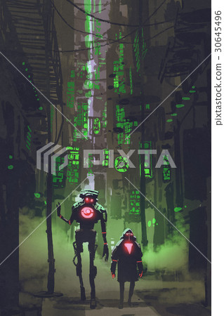 two robots walking in narrow alley 30645496