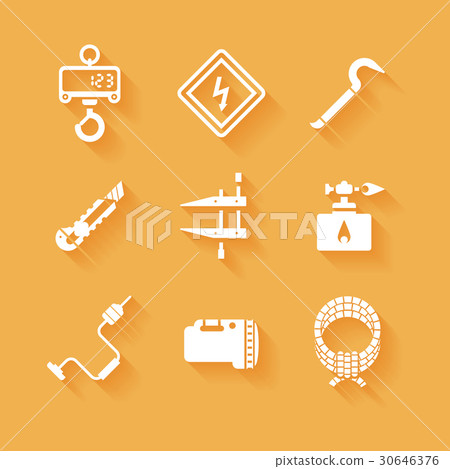 Trendy flat working tools icons white silhouettes Trendy flat working tools icons white silhouettes 30646376