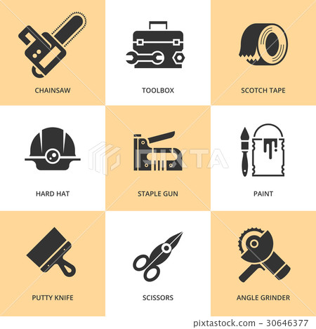 Trendy flat working tools icons black silhouettes Trendy flat working tools icons black silhouettes 30646377