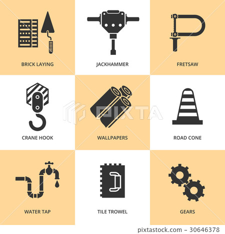Trendy flat working tools icons black silhouettes 30646378