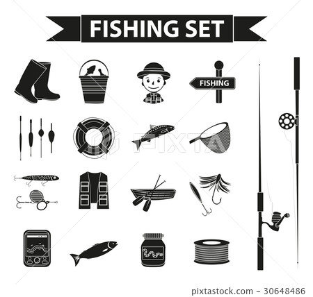 Fishing icon set, black silhouette, outline style 30648486