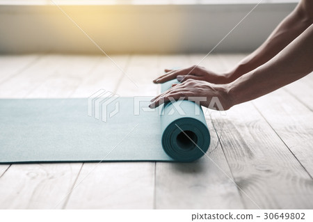Young Woman Doing Yoga Twist Mat Healthy Lifestyle 30649802