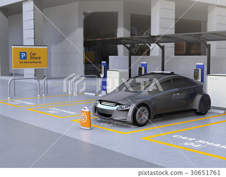 無人操作電動車停在共享私人停車場的汽車。汽車共享的概念 30651761