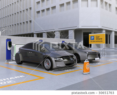 Unmanned operation electric car parked in a car sharing private parking lot. Concept of car sharing 30651763