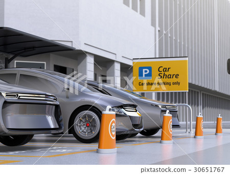 Unmanned operation electric car parked in a car sharing private parking lot. Concept of car sharing 30651767