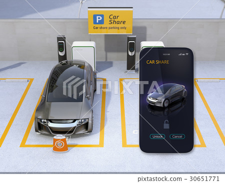 汽車共享私人停車場和智能手機蘋果。用智能手機解鎖指定汽車的門的圖像 30651771