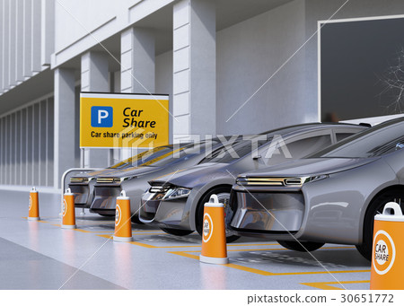 Unmanned operation electric car parked in a car sharing private parking lot. Concept of car sharing 30651772