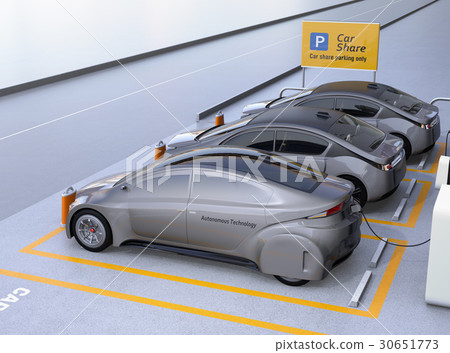 Unmanned operation electric car parked in a car sharing private parking lot. Concept of car sharing 30651773