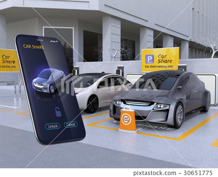 汽車共享私人停車場和智能手機蘋果。用智能手機解鎖指定汽車的門的圖像 30651775