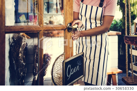 Adult Woman Open Door Hanging Open Sign 30658330