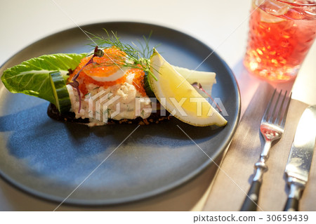 close up of toast skagen with caviar and bread close up of toast skagen with caviar and bread 30659439