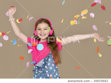 Little Girl Listening Music Headphones Studio Portrait Little Girl Listening Music Headphones Studio Portrait 30659881