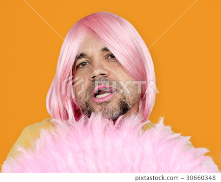A Man With Pink Wig and Pink Lipstick Staring 30660348
