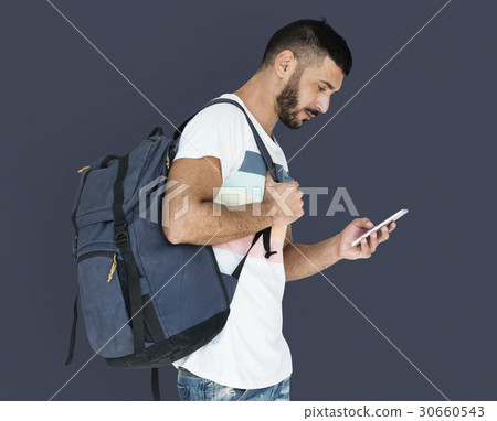 Middle Eastern Man Carrying Backpack Mobile Phone Studio Portrait 30660543