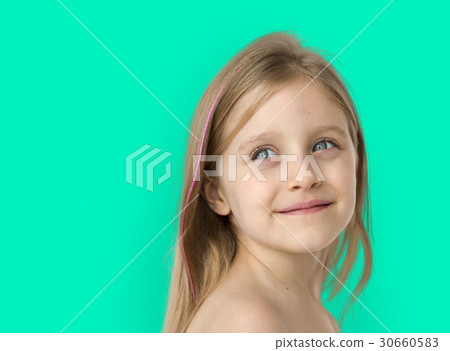 Little Girl Smiling Happiness Bare Chest Topless Studio Portrait 30660583