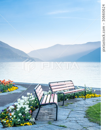 Benches in park in Locarno, Switzerland 30660624