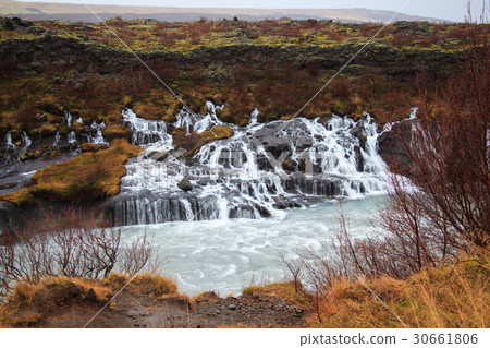 Landscape view of Hraunfossar, Lava Falls. 30661806