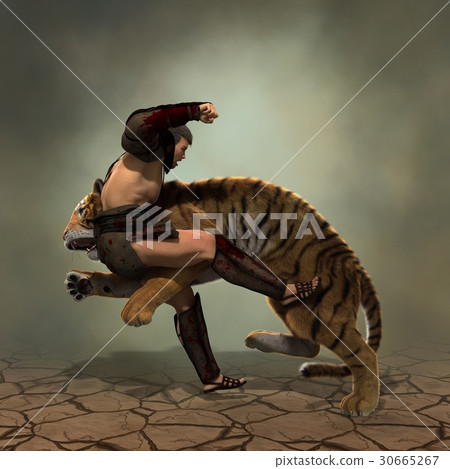 3D Illustration of a Gladiator fighting with a 3D Illustration of a Gladiator fighting with a 30665267