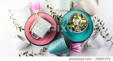 Spring crockery concept with tulips pastel color 30665378