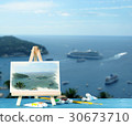 Easel with a watercolor painting bay of Monaco. 30673710
