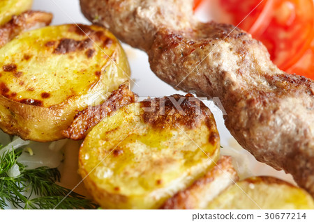 Barbecue Lula Kebab with minced meat, vegetables 30677214
