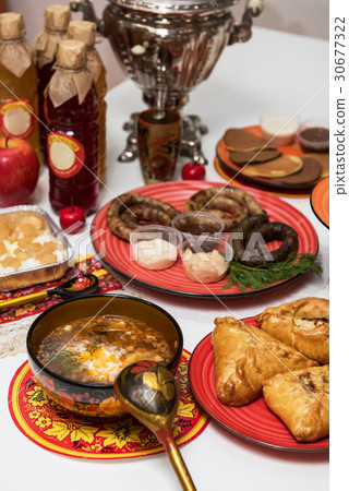 Russian table with food Russian table with food 30677322