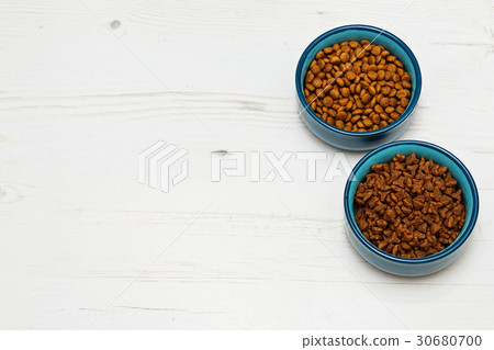 Bowls with two varieties of cat's food 30680700