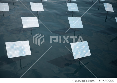 3D illustration of big solar panels on sea, ocean 3D illustration of big solar panels on sea, ocean 30680900