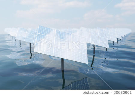 3D illustration of big solar panels on sea, ocean 3D illustration of big solar panels on sea, ocean 30680901