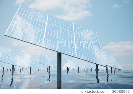 3D illustration of big solar panels on sea, ocean 3D illustration of big solar panels on sea, ocean 30680902