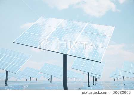 3D illustration of big solar panels on sea, ocean 3D illustration of big solar panels on sea, ocean 30680903