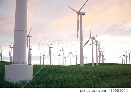3d illustration, wind turbine with sunset sky 30681034