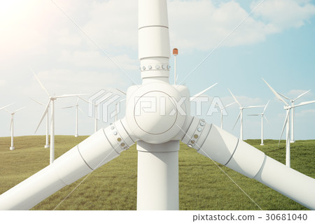 3d illustration, wind turbine with sunset sky 30681040