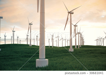 3d illustration, wind turbine with sunset sky 30681041