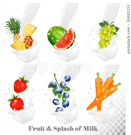 Set of different milk splashes with fruit, 30683151