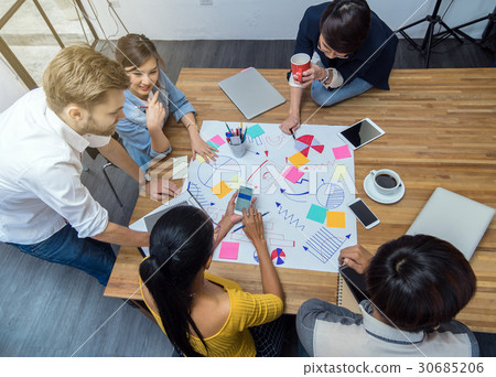 Top view of Group Of Asian and Multiethnic Business people with casual suit working and brainstorming together in the modern Office, Top view, people business group concept 30685206