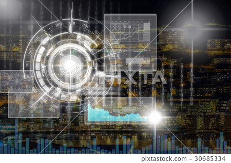 Virtual screen and digital cyber over the city at night background, Elements of this image furnished by NASA, Business and technology concept Virtual screen and digital cyber over the city at night background, Elements of this image furnished by NASA, Business and technology concept 30685334