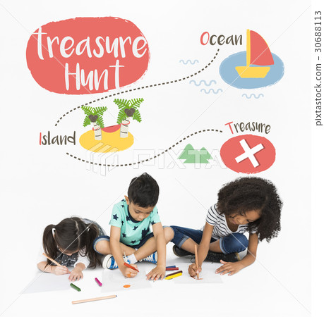 Kids playing treasure hunt graphic Kids playing treasure hunt graphic 30688113