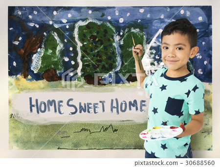 Children painting home winter drawing Children painting home winter drawing 30688560