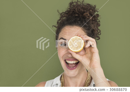 Woman Smiling Happiness Cover Eye Playful Lemon Portrait 30688870