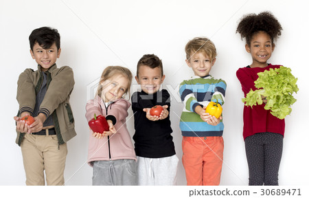 Diverse group of kids standing in a row portrait Diverse group of kids standing in a row portrait 30689471