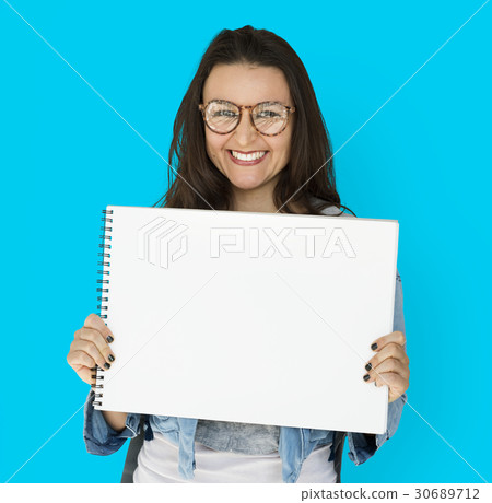 Young woman holding placard blank board Young woman holding placard blank board 30689712