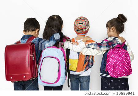 Rear view group of diverse kids wearing backpack 30689941